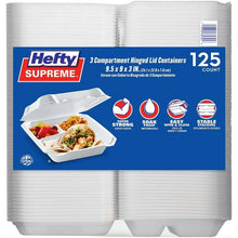 Stack of white 3-compartment hinged lid foam containers