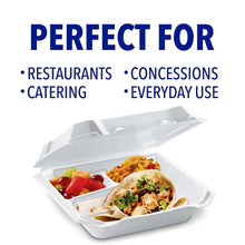 White 3-compartment hinged lid foam container with food portions, lid open