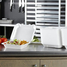 White 1-compartment foam hinged lid container with lid open, meal-ready takeout tray