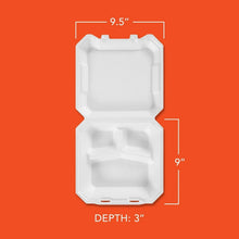 White 3-compartment hinged lid foam container, open lid view