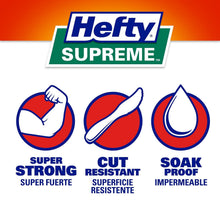 Hefty Supreme packaging icons for super strong cut resistant and soak proof