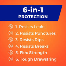 6-in-1 protection checklist on Hefty trash bag packaging