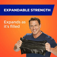 Expandable strength promo showing man holding expandable black trash liner