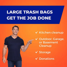 Hefty large trash bags promotional panel with use cases list