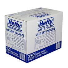 Hefty white plastic cutlery pack box, 250 count wrapped utensils