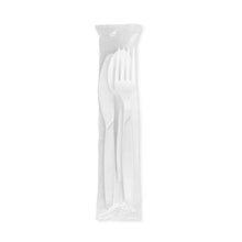 White plastic cutlery packet with fork, spoon, and knife in clear wrapper