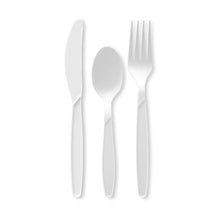 White plastic fork, spoon, and knife set, shown side by side