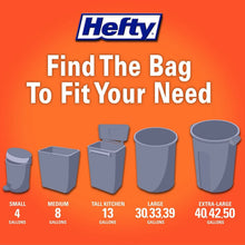 Hefty trash bag size guide with small, medium, tall kitchen, large, extra-large