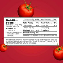 Tomato ketchup Nutrition Facts and ingredients text with tomato illustrations