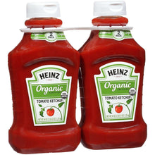 Two Heinz Organic tomato ketchup 2-pack bottles with front labels and white caps.