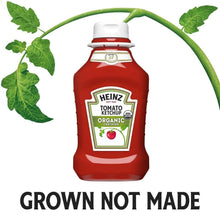 Organic tomato ketchup bottle with Heinz label and white cap.