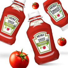 Heinz Organic tomato ketchup 44 oz bottles, two-pack with bottle labels and tomatoes
