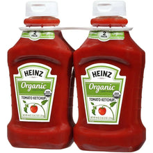 Two Heinz Organic tomato ketchup bottles in 2-pack, front labels and white caps.