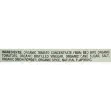 Tomato ketchup ingredients list panel, including organic tomato concentrate