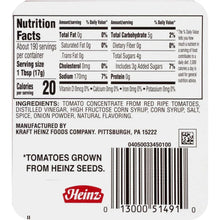 Heinz tomato ketchup bottle back label with nutrition facts and barcode