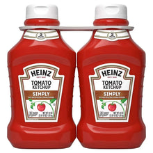 Tomato ketchup bottles, red squeeze bottles with white caps and front label