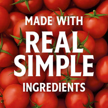 Tomato ketchup ingredients graphic over red tomatoes with “MADE WITH REAL SIMPLE”