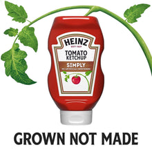 Tomato ketchup bottle with green leaves graphic and “GROWN NOT MADE” text