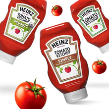 Tomato ketchup bottles arranged together, showing front labels and caps