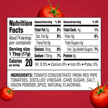 Tomato ketchup nutrition facts label with ingredients and tomato illustration