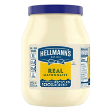 Hellmann's Real mayonnaise jar, 64 oz, cream container with blue lid and front label