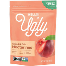 Sliced dried nectarines snack bag with peach color and green leaf graphic, 3 oz