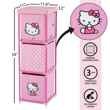Pink 3-cube kids storage tower with Hello Kitty prints, shown with size measurements