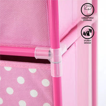 Pink storage tower corner with clear plastic joint and dotted fabric cube panels