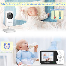 Baby monitor camera and parent unit; infant with bottle, parent LCD shows baby sleeping.