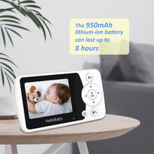 Baby monitor parent unit on table showing baby in crib on LCD, camera nearby.