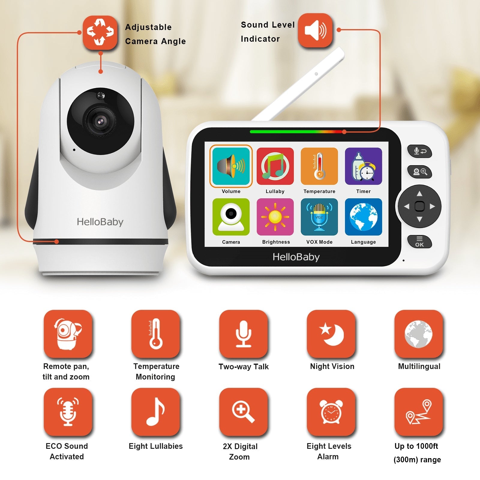 HelloBaby HB6352 Video Baby Monitor – 5″ LCD, No Wifi, Pan-Tilt-Zoom, 1000 ft Range