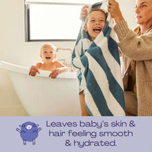 Baby shampoo and body wash, baby in bathtub with adult holding towel