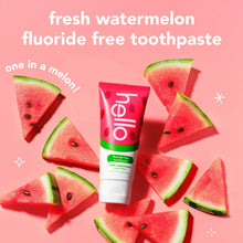 Fluoride-free watermelon toothpaste tube with pink-red label and green band