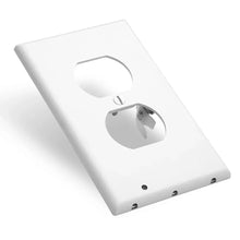 LED duplex outlet cover, white, angled view with top and bottom openings