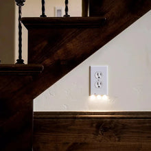 LED duplex outlet cover with two sockets, glowing night light, white finish
