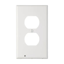 Duplex outlet cover plate with two circular ports, white finish, LED indicator
