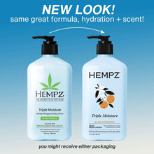 Hempz Triple Moisture body lotion bottles with black pumps, two styles shown