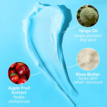 Hempz Triple Moisture lotion marketing graphic with blue lotion swirl and ingredient circles