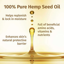 Hempz 100% pure hemp seed oil graphic with golden drop and glossy swirl