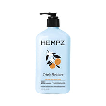 Hempz Triple Moisture body moisturizer bottle with black pump, floral orange graphic