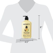 Hempz body lotion bottle on torso silhouette with size measurements, pump dispenser