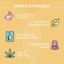 Hempz body lotion label icons: cruelty-free, vegan, paraben & phthalate free