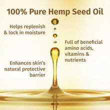 Hempz body lotion benefits graphic with 100% pure hemp seed oil drop illustration
