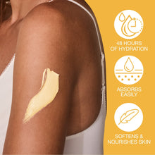 Body lotion on skin with creamy streak and hydration icons, 48 hours