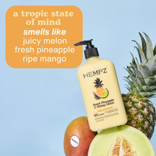 Hempz body lotion bottle with pump, sweet pineapple & honey melon, beside fruit props