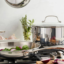 Stainless steel tri-ply stock pot with lid and skillet on gas cooktop