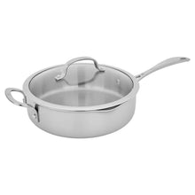 Stainless steel saucepan with lid, dual side handles, and long spout handle