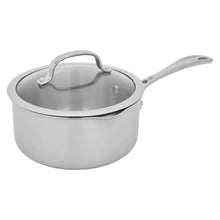 Stainless steel saucepan with lid and long handle, reflective cooking surface