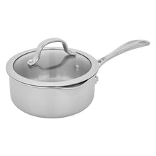 Stainless steel tri-ply lidded pot with side handle and long lid grip