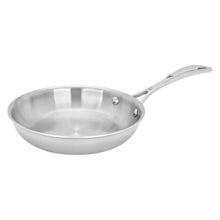 Stainless steel tri-ply frying pan with long handle and shallow interior